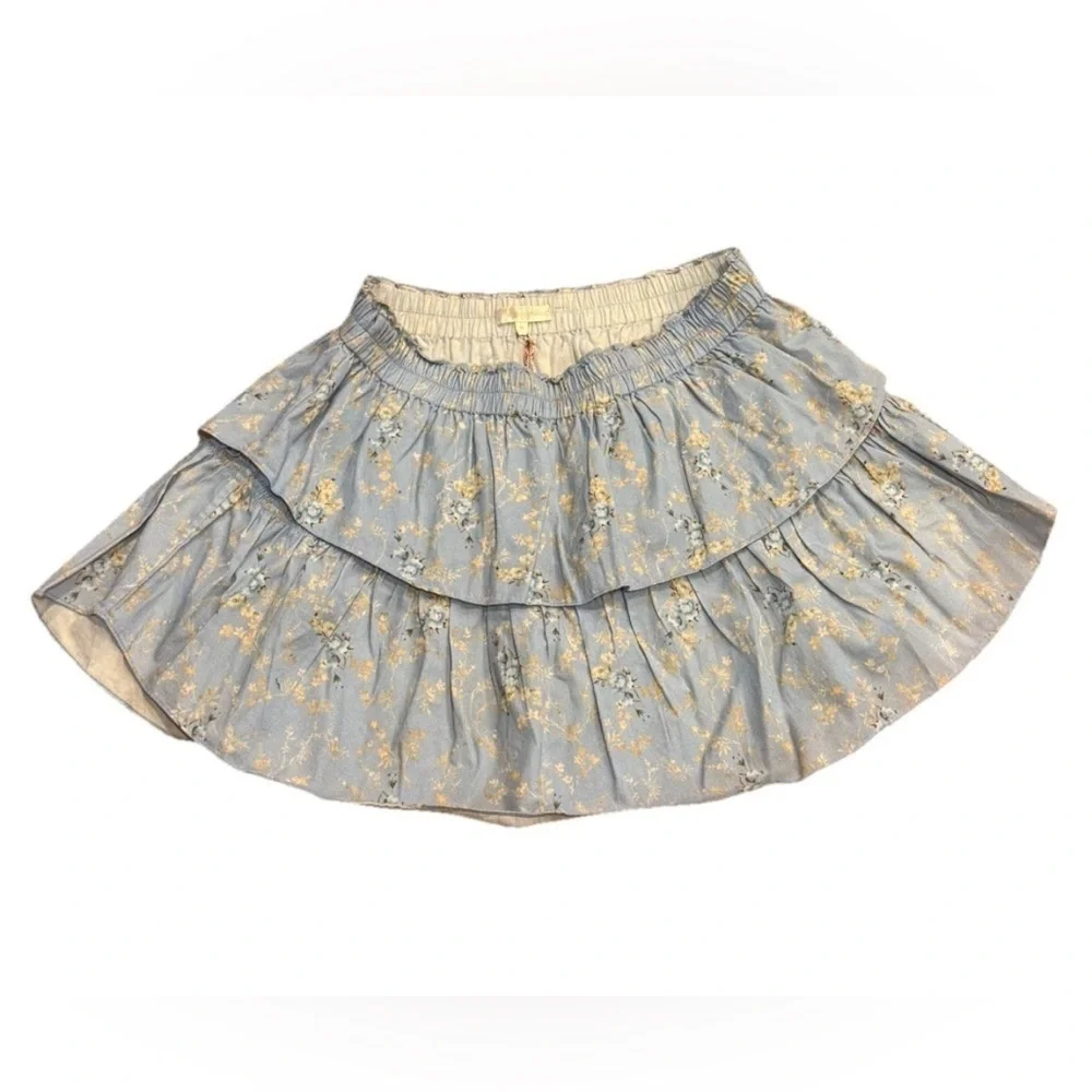 LoveShackFancy NWT Dim Star Mini Skirt Blue Floral Tiered Ruffle XL